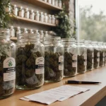 Dispensary displays glass jars with medical cannabis strains and patient packets on a wooden counter