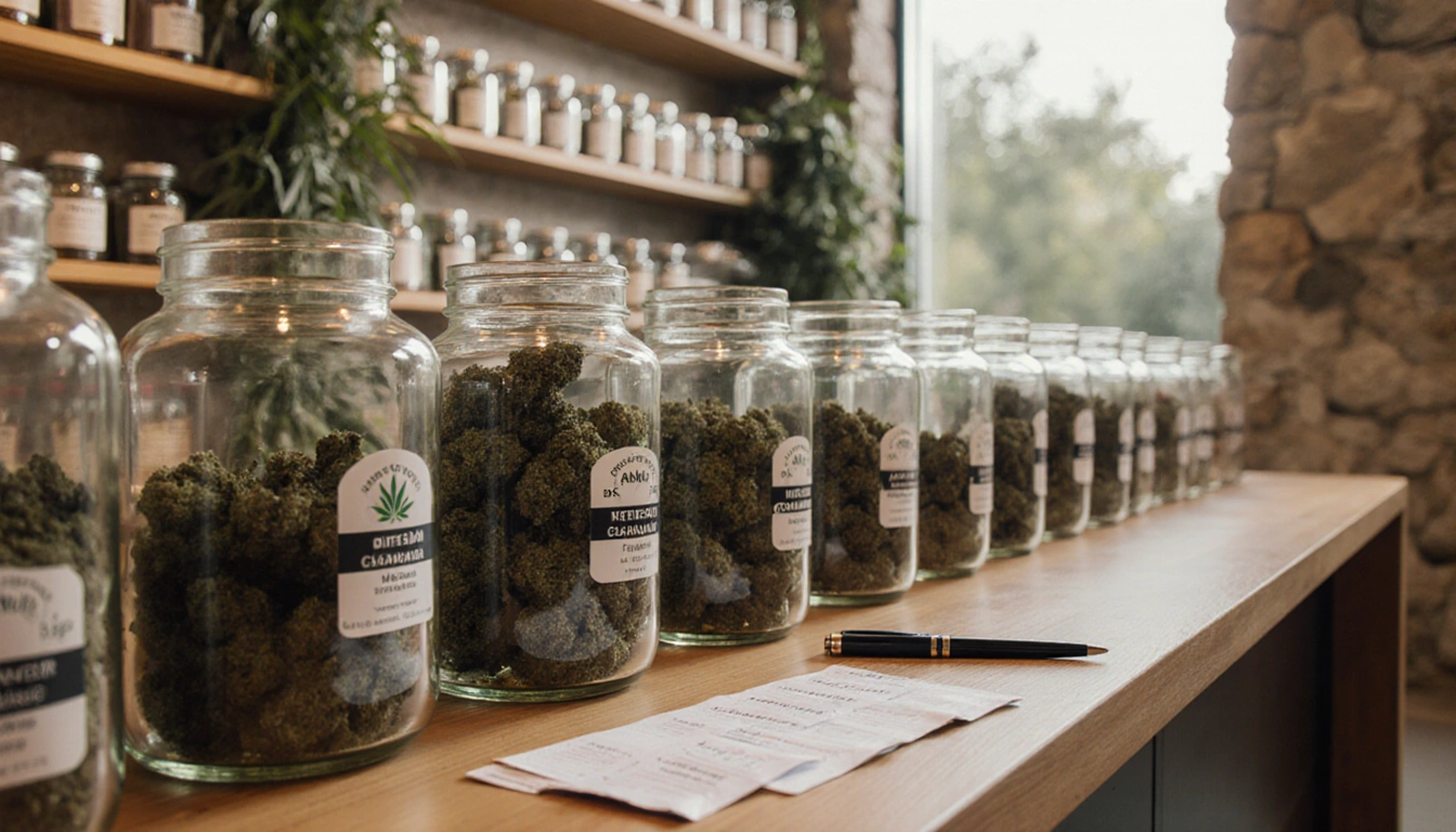 Dispensary displays glass jars with medical cannabis strains and patient packets on a wooden counter