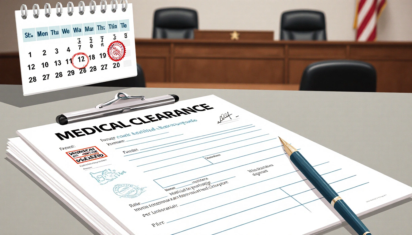Medical clearance form being filled with a pen near a clipboard on a table with a blurred courtroom and calendar showing cour