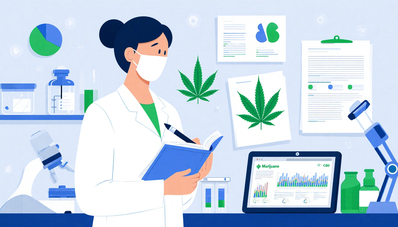 Medical researcher writing notes with tablet showing CBD and marijuana data and lab equipment near green and blue accents