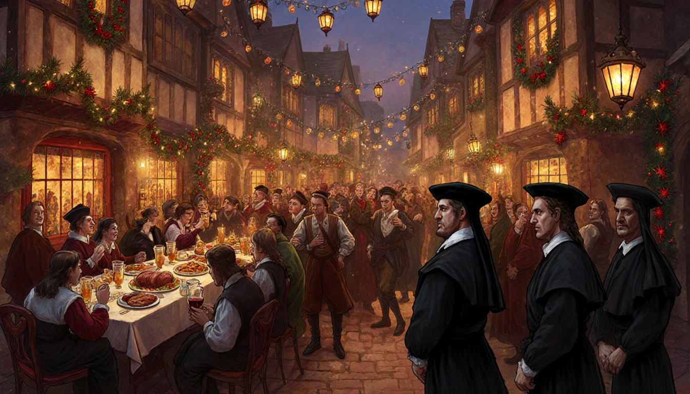 Puritans standing apart from Christmas revelers with lanterns and roasted meat.