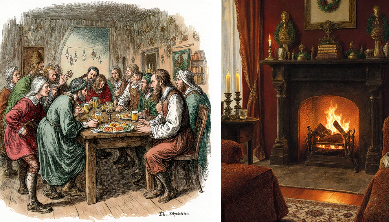 Rowdy villagers feasting at a medieval wooden table with candles and a crackling 19th-century fireplace nearby