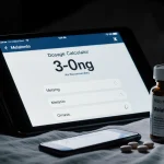 Bedside table holds a tablet showing a melatonin dosage calculator with 3-10 mg and a bottle with spilled pills nearby.