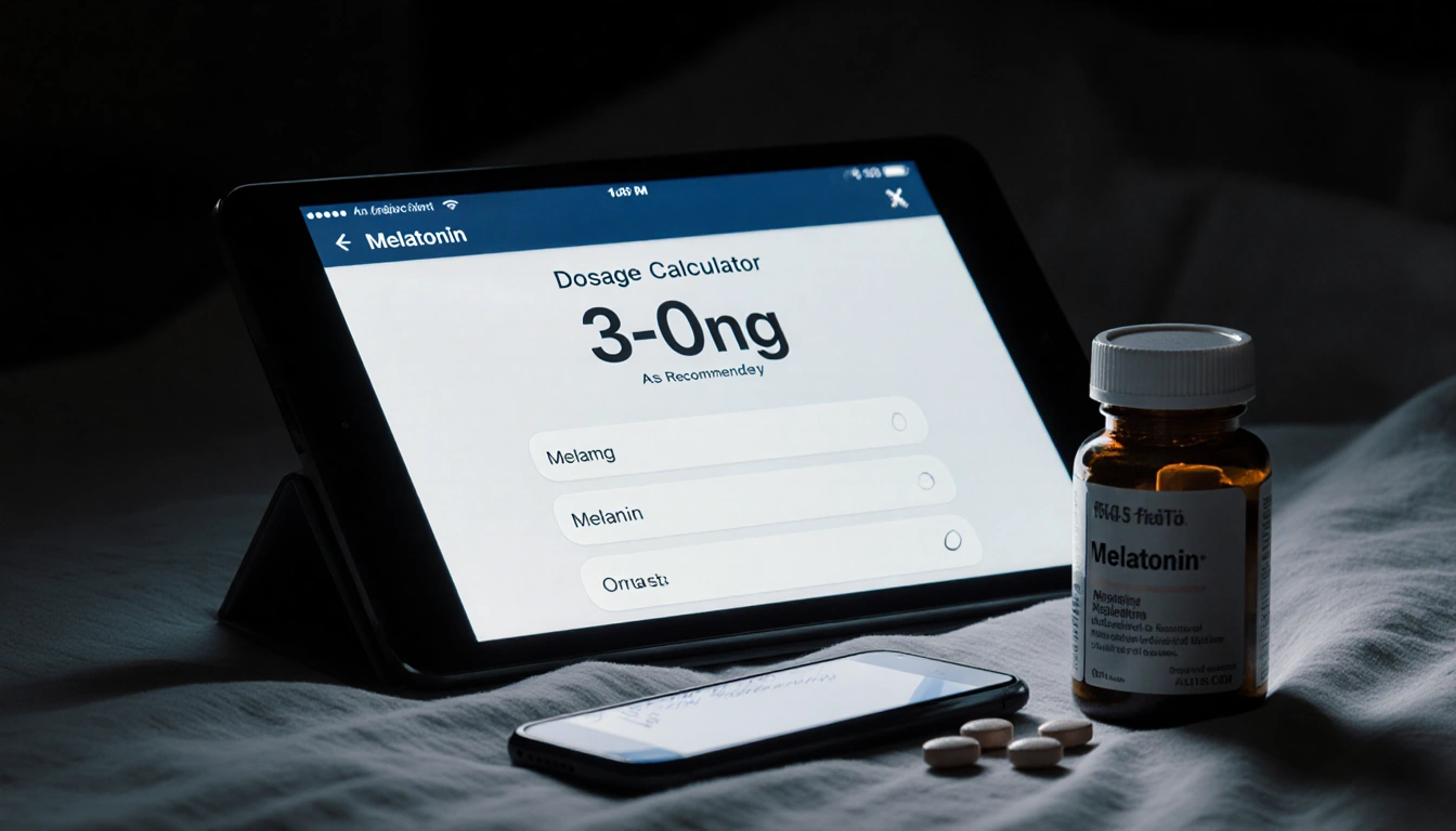Bedside table holds a tablet showing a melatonin dosage calculator with 3-10 mg and a bottle with spilled pills nearby.