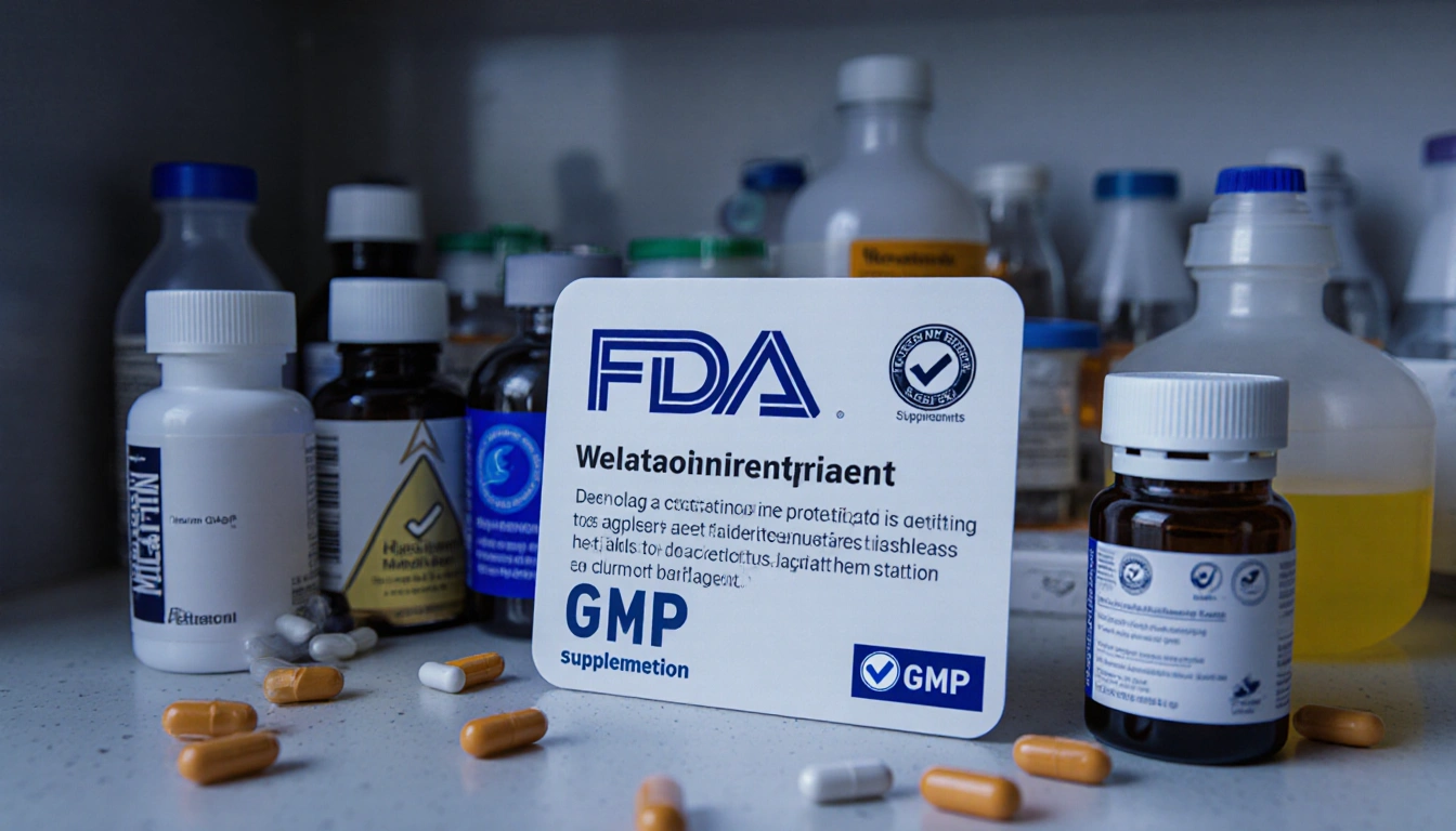 Lab table displays supplements with FDA certification plate and GMP icons nearby
