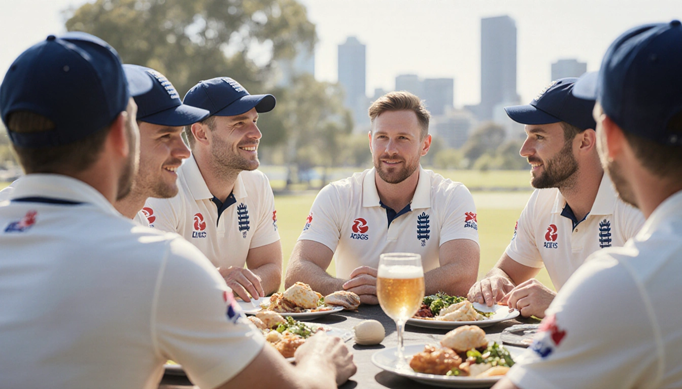 Rob Key sitting with England cricketers over lunch with a glass of wine near a quiet Melbourne patio