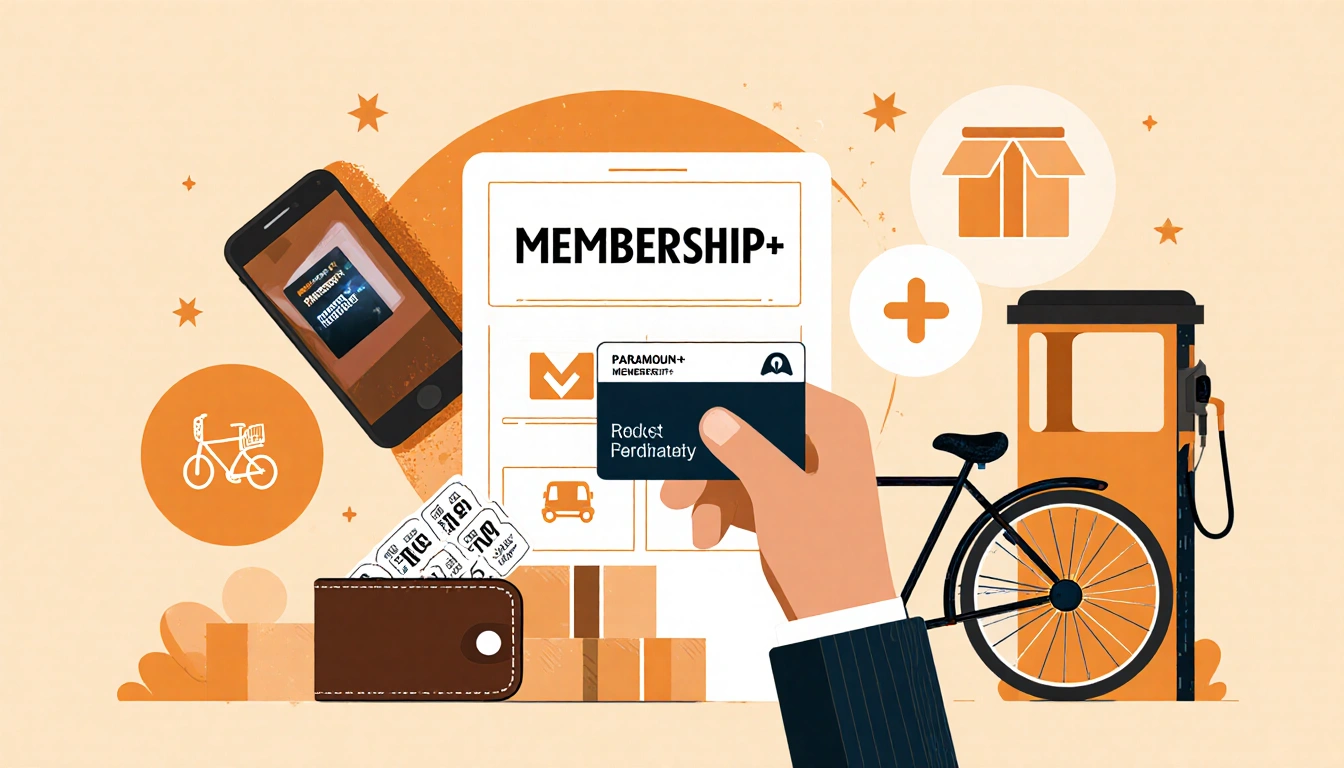 Person holding membership card with brand logo background and smartphone showing streaming and wallet with fuel savings