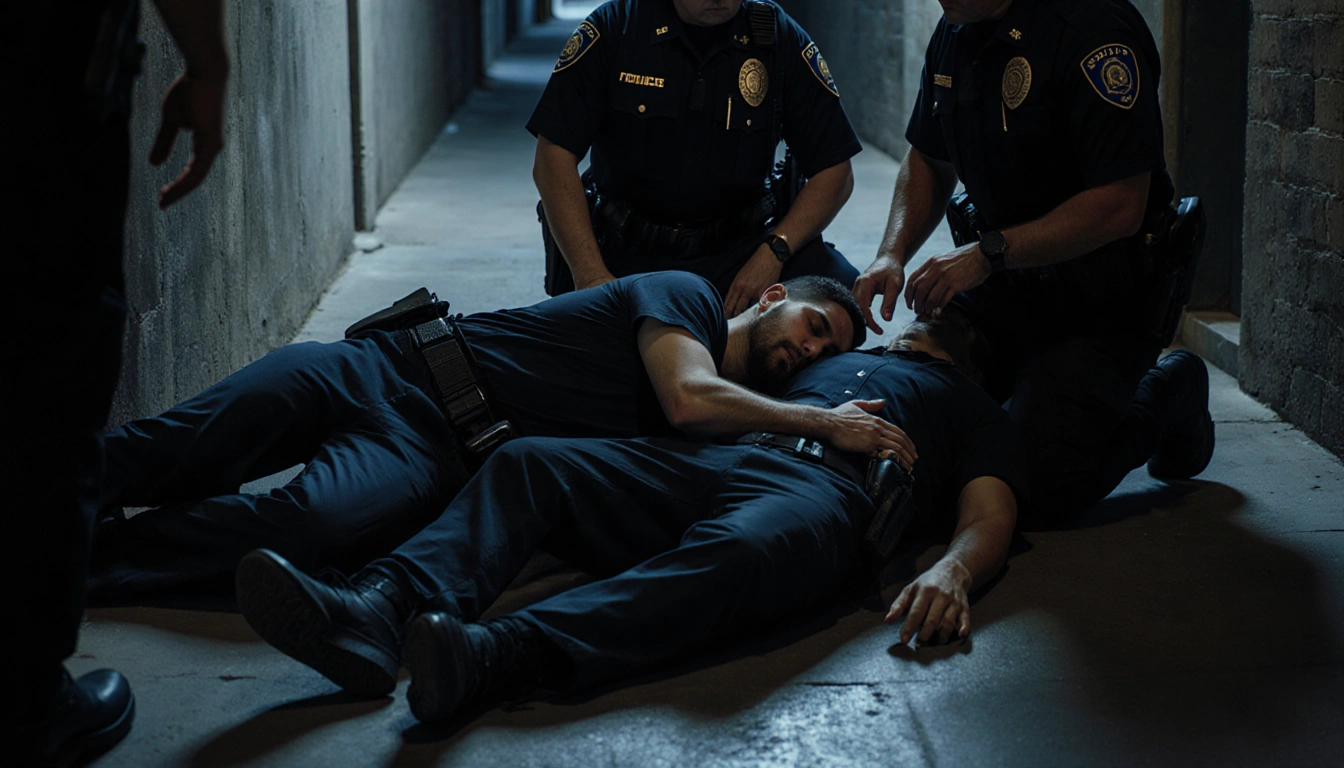 Two men lying on the ground with police officers kneeling beside them and emergency equipment visible.