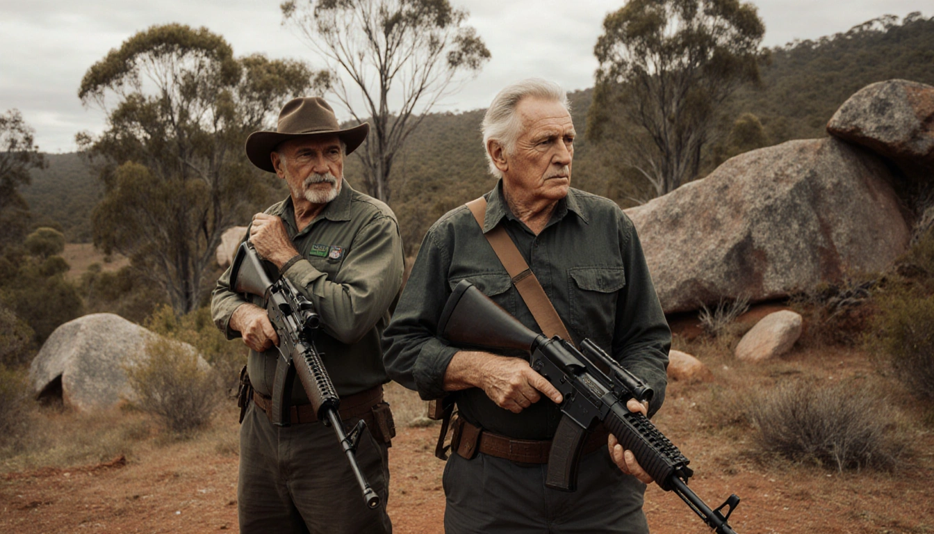 Two men practicing rifle training with older paternal and younger beside eucalyptus trees and rocky outback in earthy tones