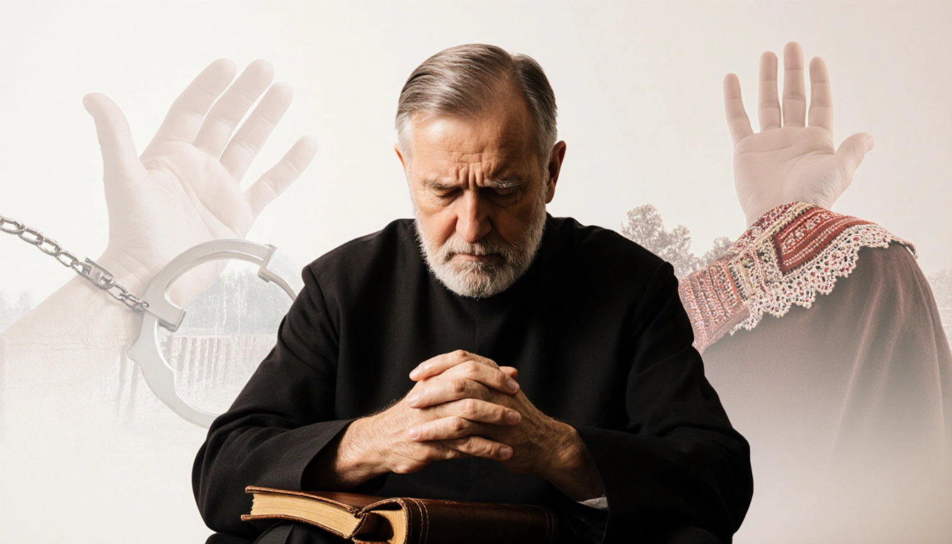 Middle‑aged Mennonite pastor seated with worn Bible and eyes lowered against handcuffs and border walls in background