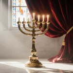 Menorah illuminating itself with warm golden light against polished marble and a draped red velvet curtain