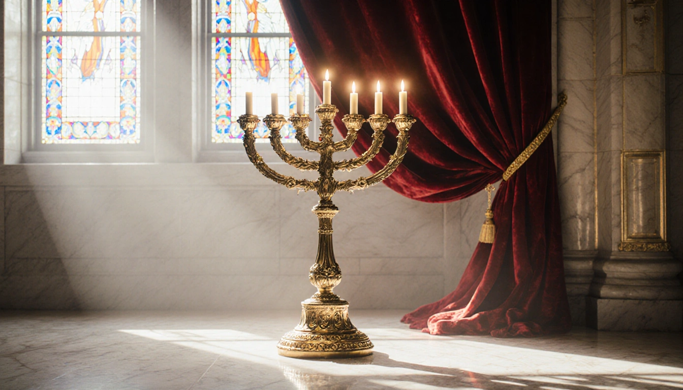 Menorah illuminating itself with warm golden light against polished marble and a draped red velvet curtain