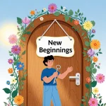 Person standing with key unlocking a door with colorful flowers and vines against a blue sky