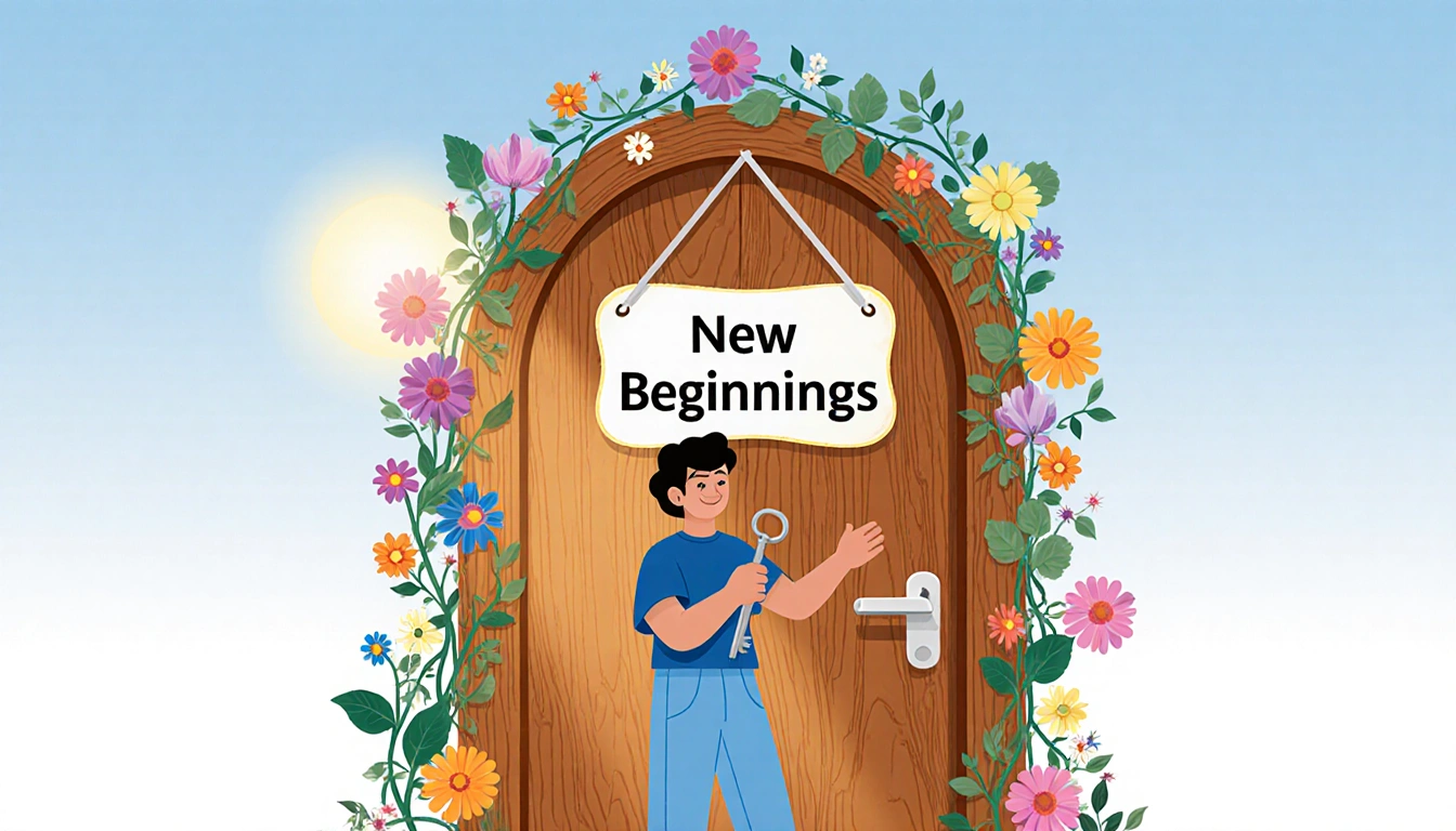 Person standing with key unlocking a door with colorful flowers and vines against a blue sky