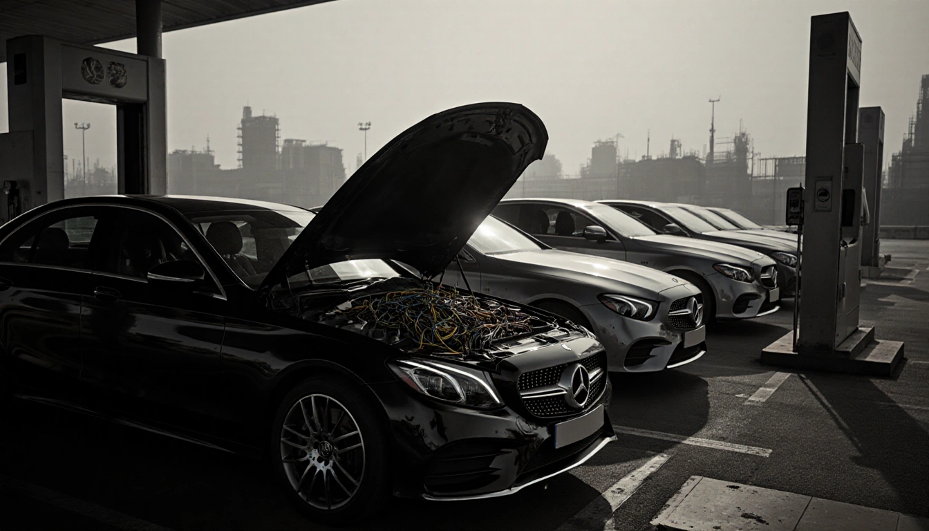 Mercedes-Benz parked with hood open showing tangled wires and machinery at an emissions testing station with industrial haze.