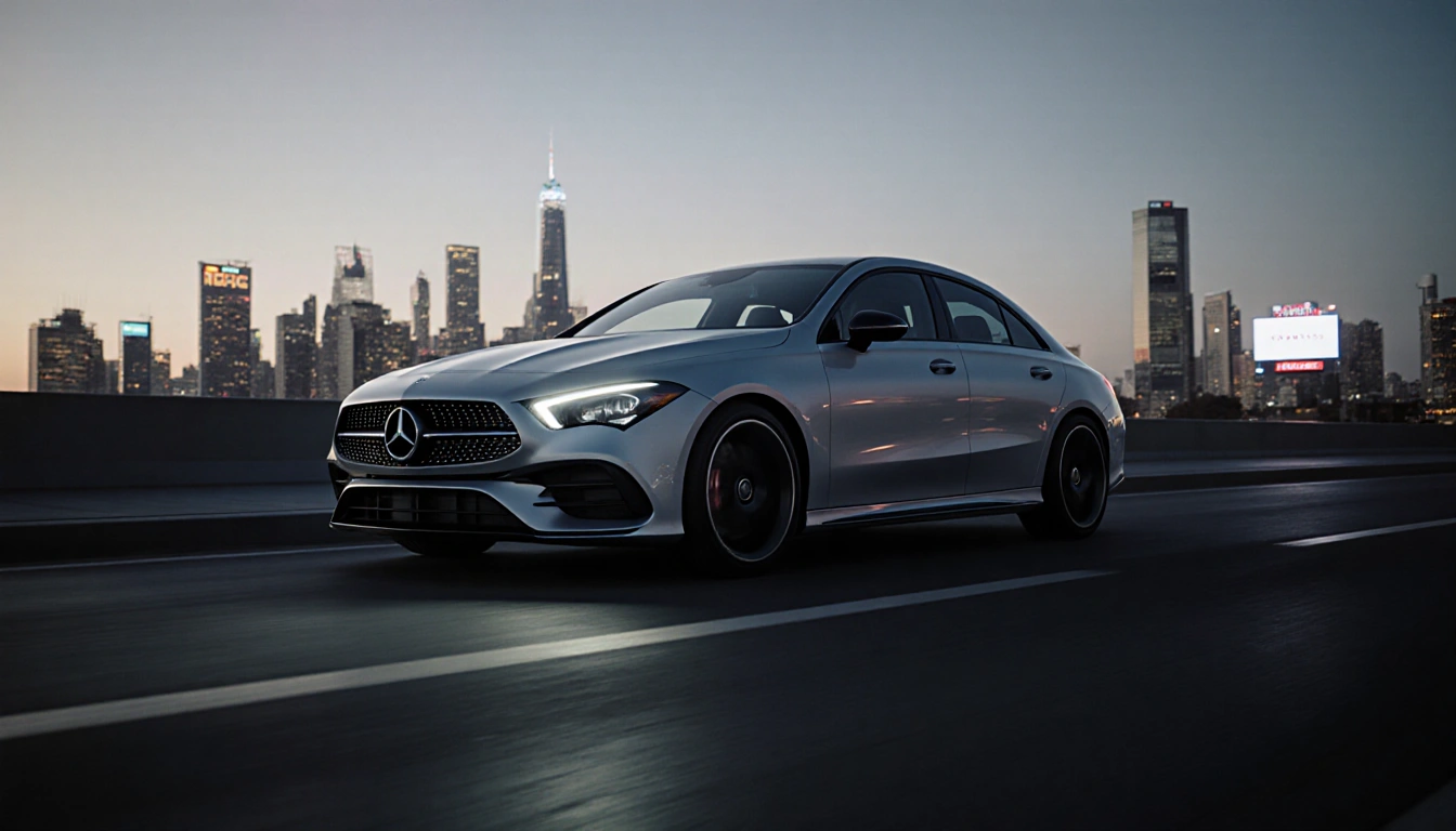 Mercedes-Benz CLA sedan parking with softly glowing LED lights and towering skyscrapers in dusk cityscape