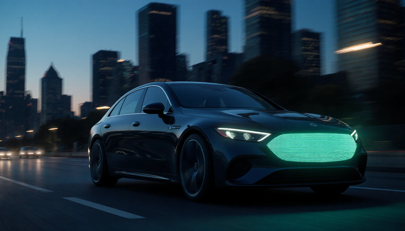 Mercedes-Benz EQS 450+ speeding through dusk cityscape with glowing Hyper screen and soft gradient lights