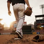 Merrill Kelly steps onto Chase Field pitch with golden sunset lighting his face and a worn glove beside his cleats