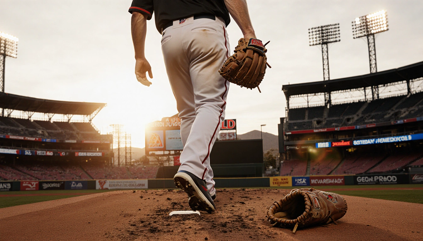 Merrill Kelly steps onto Chase Field pitch with golden sunset lighting his face and a worn glove beside his cleats