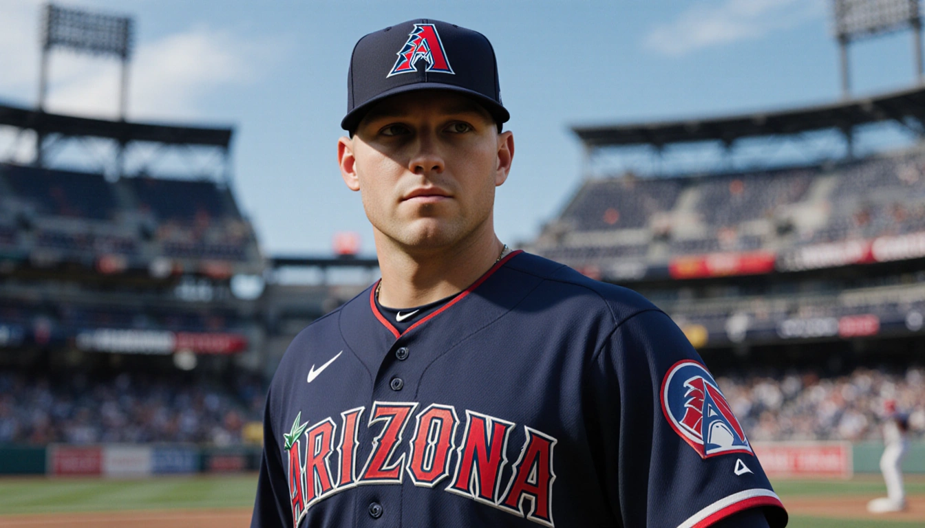 Merrill Kelly pitches confidently from the bullpen wearing Diamondbacks gear with a blurred World Series stadium behind him.