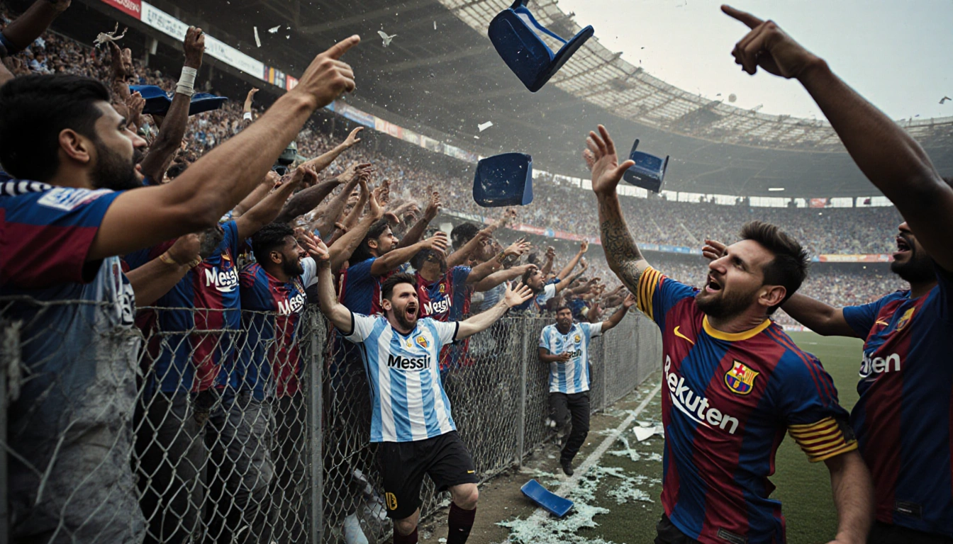 Fans storming Salt Lake Stadium field with Messi Argentina jerseys and broken fences and throwing seats into the air.