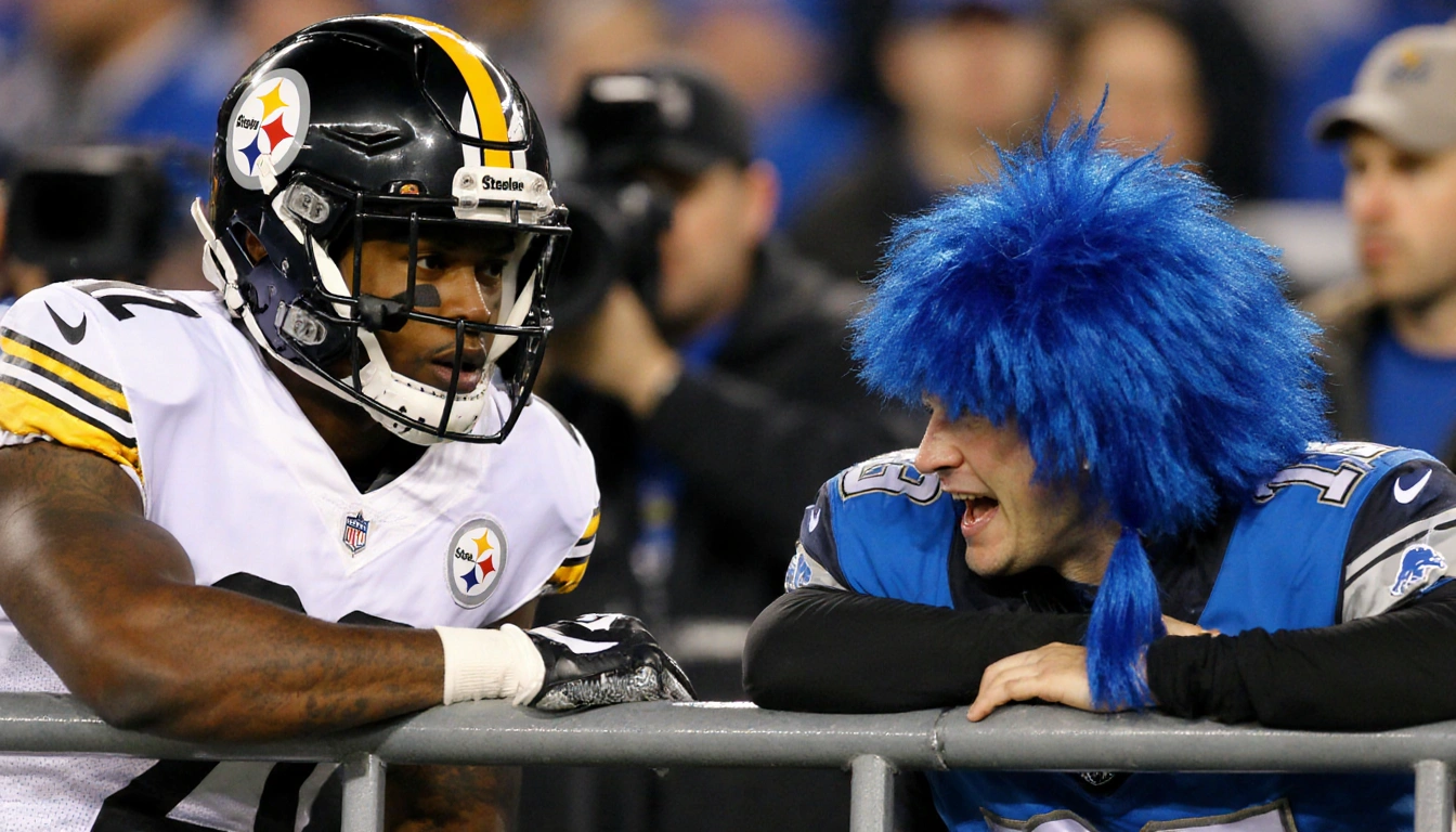 Metcalf extends right arm toward fan with tense expression and blue wig while CBS crew watches