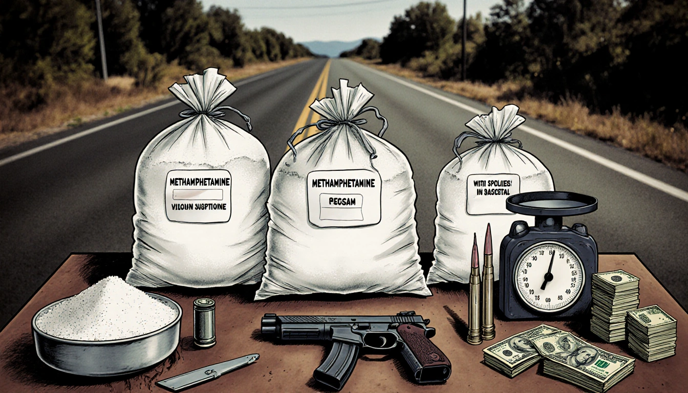 Seized meth stash displayed with bags of white powder with scales and cash and a firearm on a rural road background