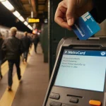 MetroCard being inserted into OMNY reader with commuters rushing New York subway platform and warm light illuminating the sle