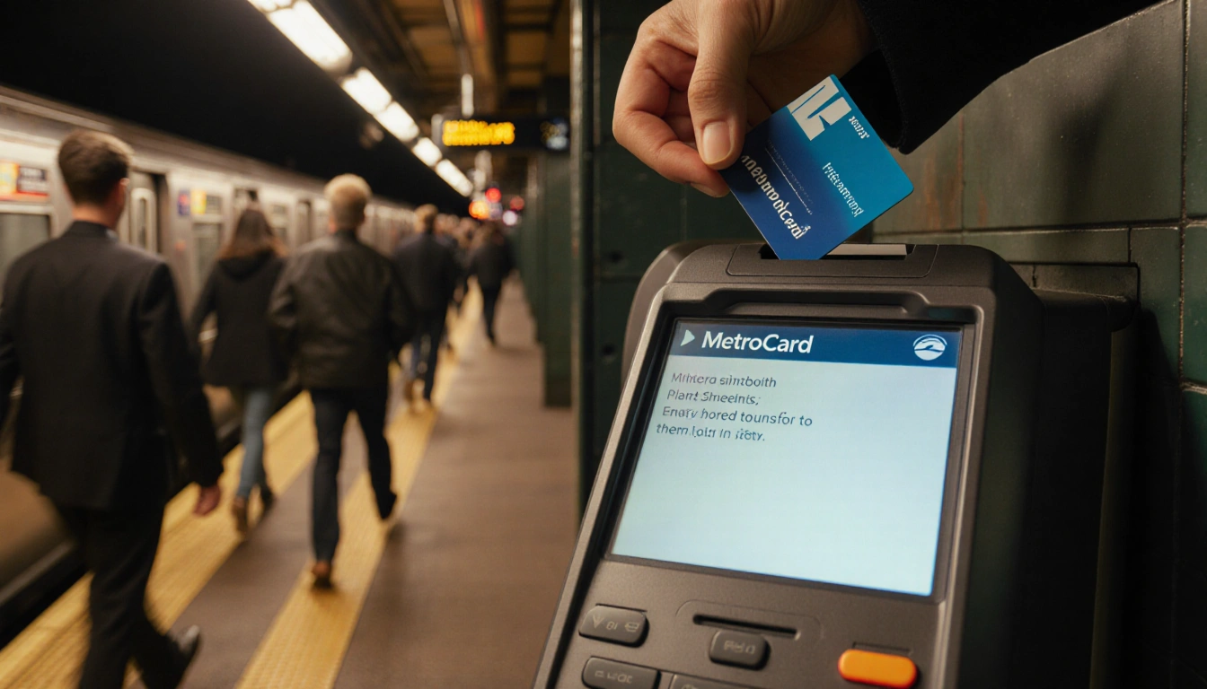 MetroCard being inserted into OMNY reader with commuters rushing New York subway platform and warm light illuminating the sle