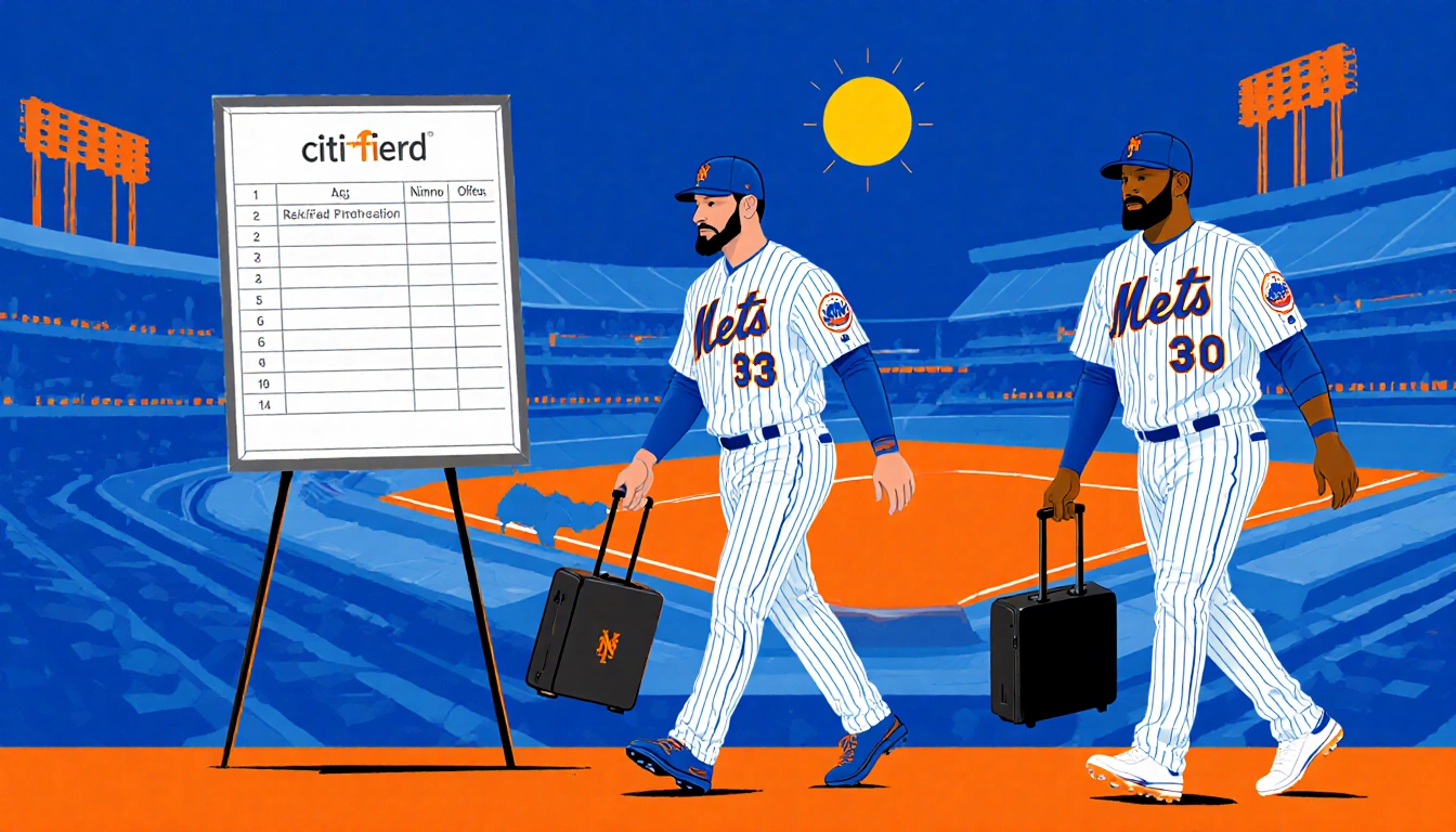 Alonso Díaz and Nimmo exit Citi Field with briefcases and a rising sun behind a blurred spreadsheet indicating Mets retooling