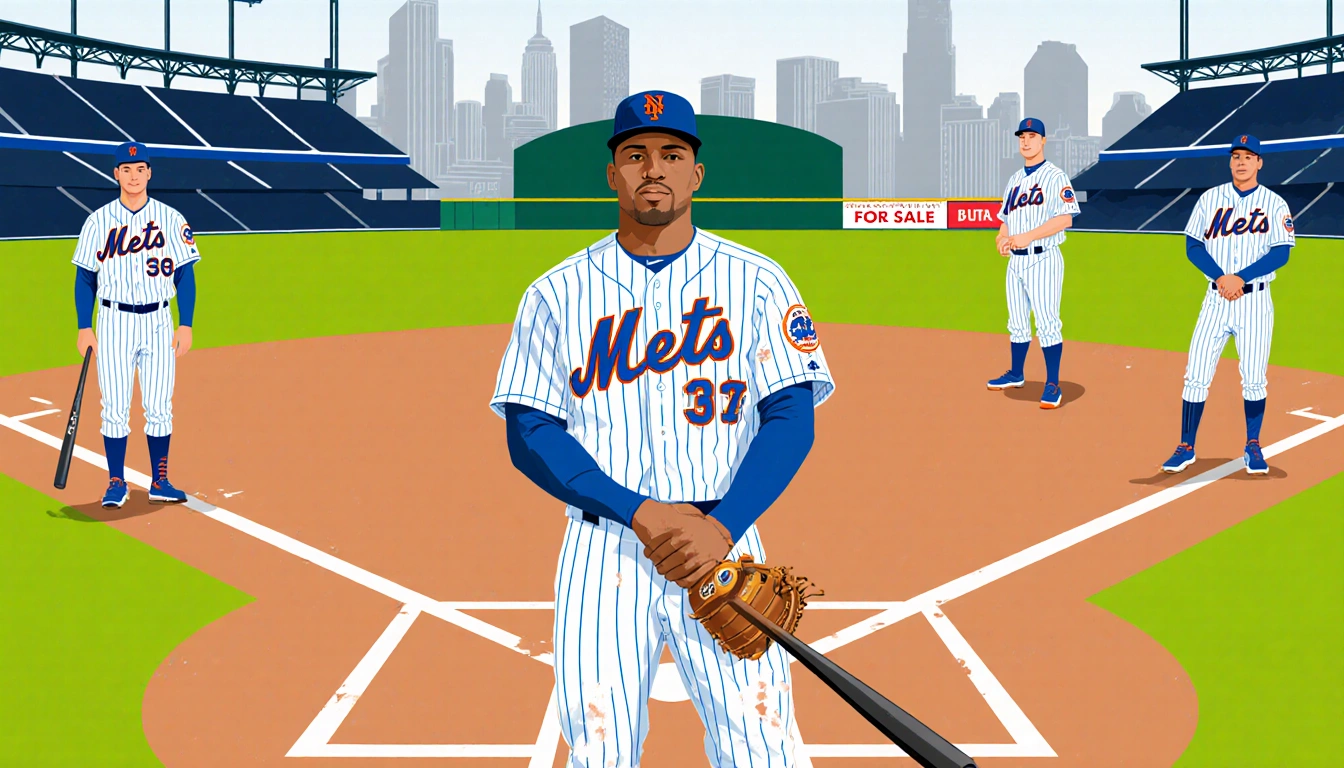 Jorge Polanco holds a bat with Mets uniform and empty infield spaces showing lost players in front of the New York City skyli