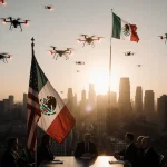 Drones with flashing lights fly over city at dusk with U.S.-Mexico flag and officials.