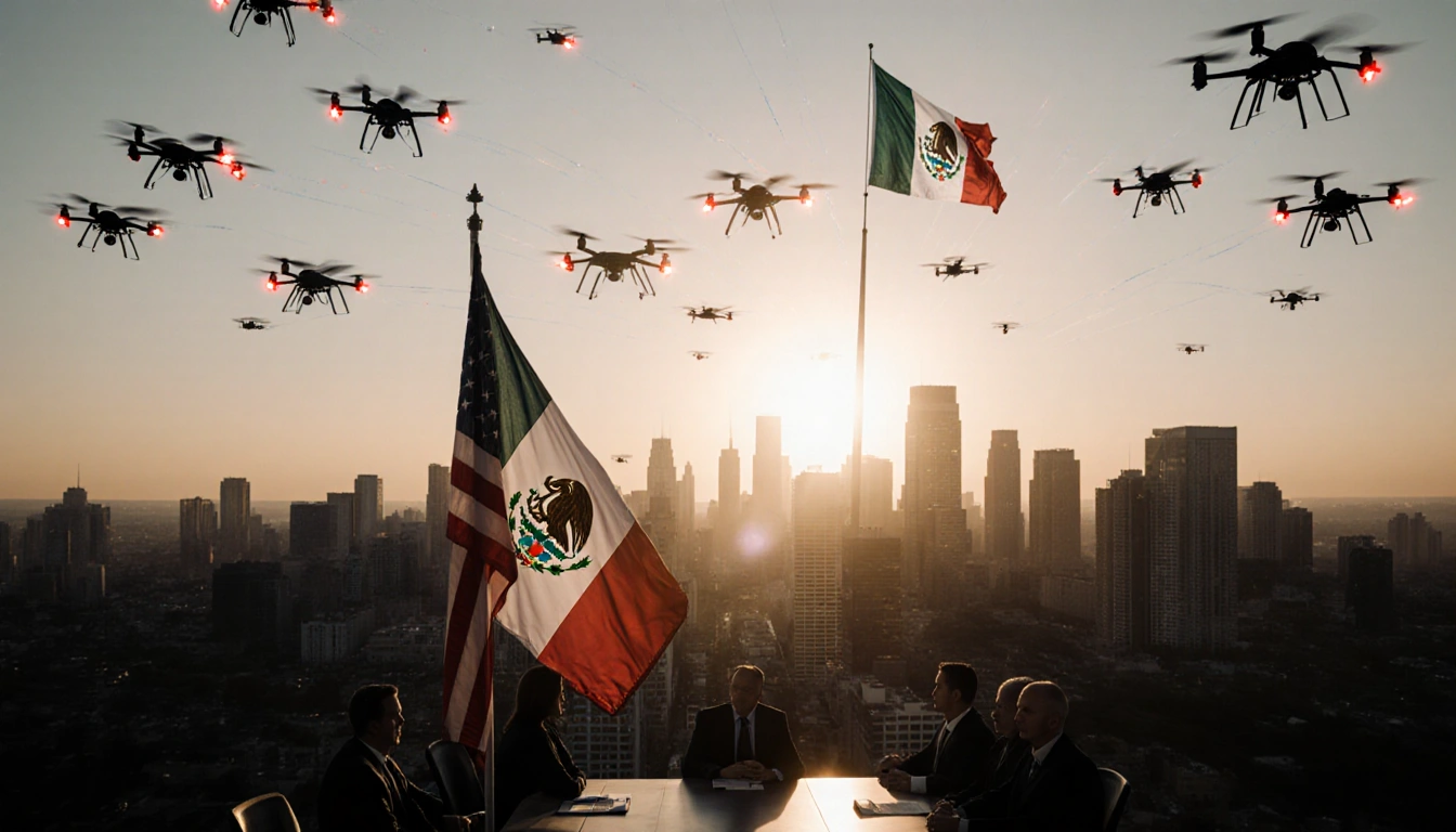 Drones with flashing lights fly over city at dusk with U.S.-Mexico flag and officials.