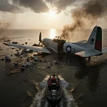 Rescue boat chugs toward a half-submerged Mexican Navy aircraft wreck with oil slicks and smoke rising