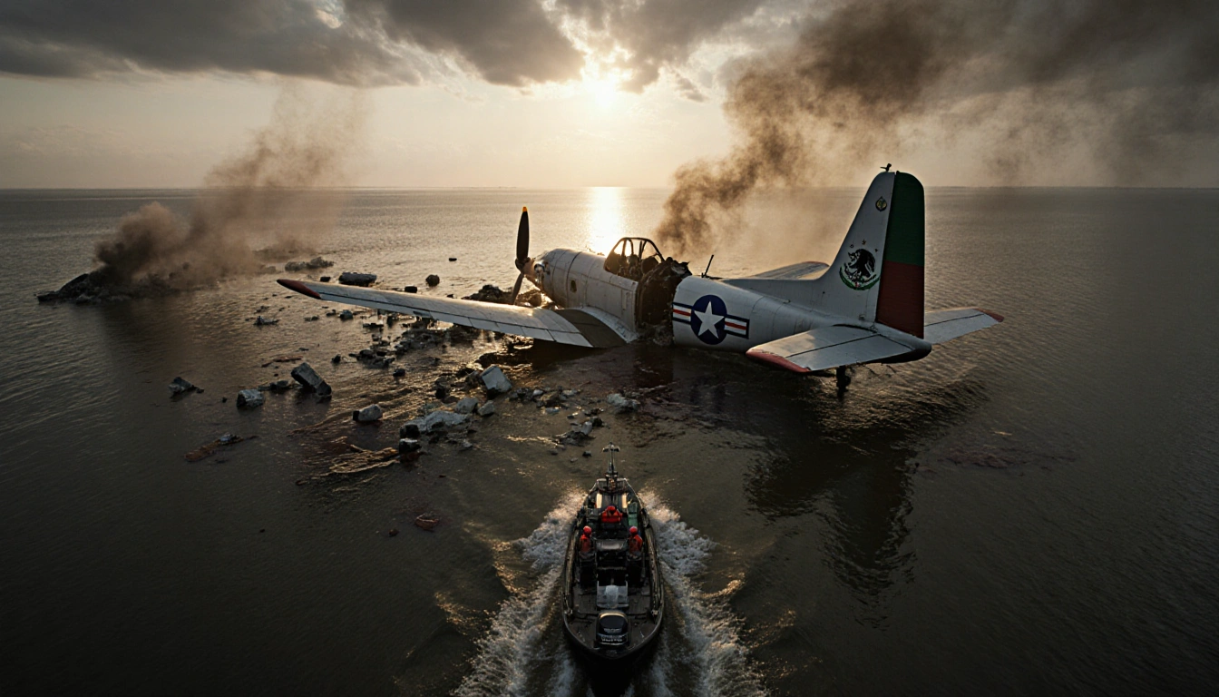 Rescue boat chugs toward a half-submerged Mexican Navy aircraft wreck with oil slicks and smoke rising