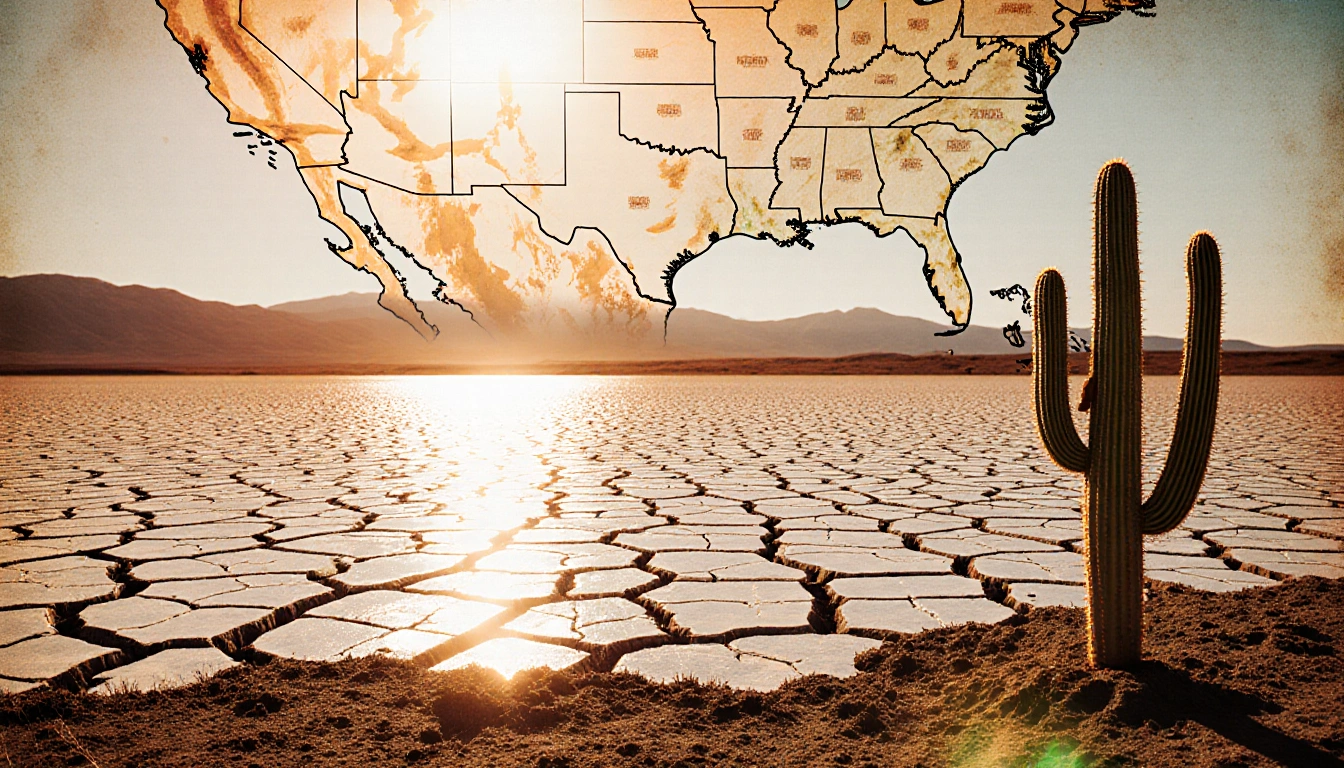 Cactus struggling near cracked dry lake under orange sun with faded map of Mexico highlighting drought water scarcity.