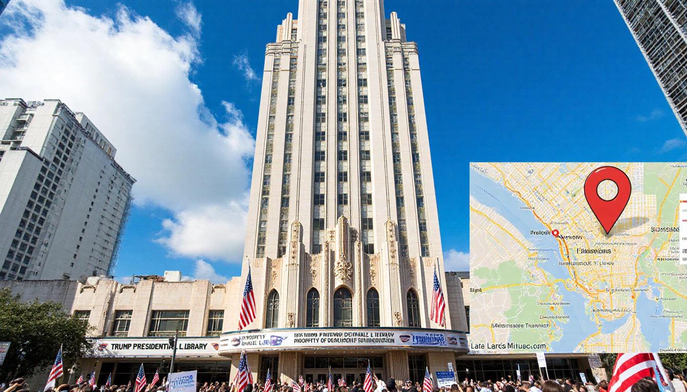 Art Deco skyscraper gleams above downtown Miami with American flags and Trump banners and city map pin marking transfer site.