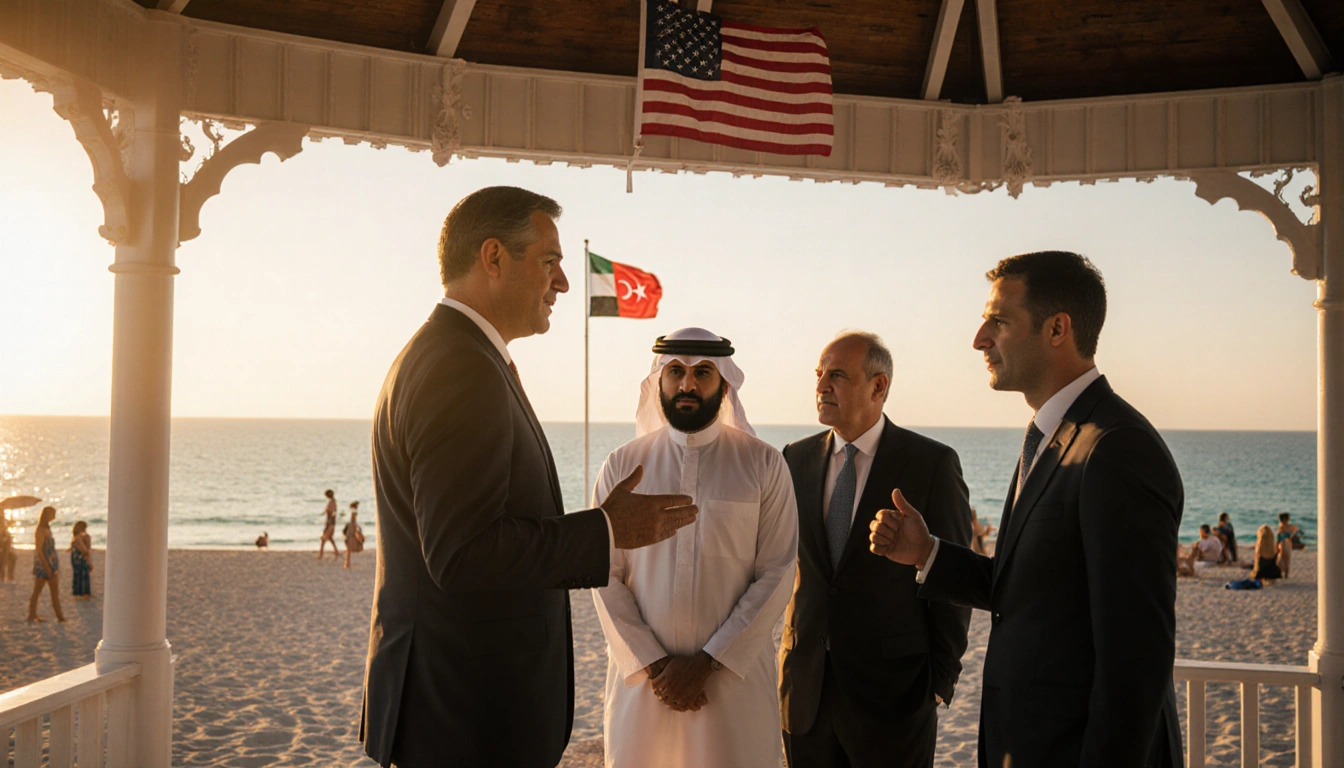 Dignitaries standing under a shaded gazebo with a Miami beach sunset and a subtle American flag