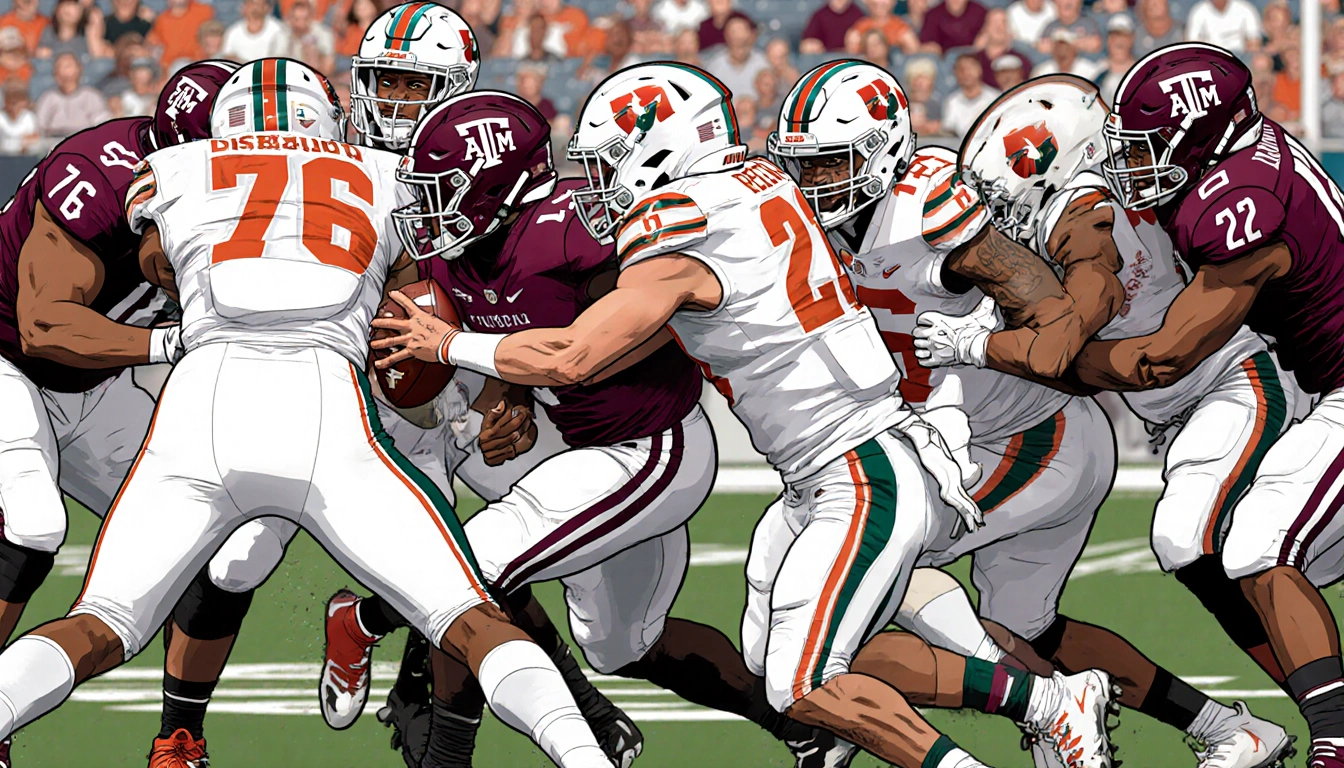 Reed Texas A&M quarterback throws an interception with Miami defenders swarming and seven sacks visible in background