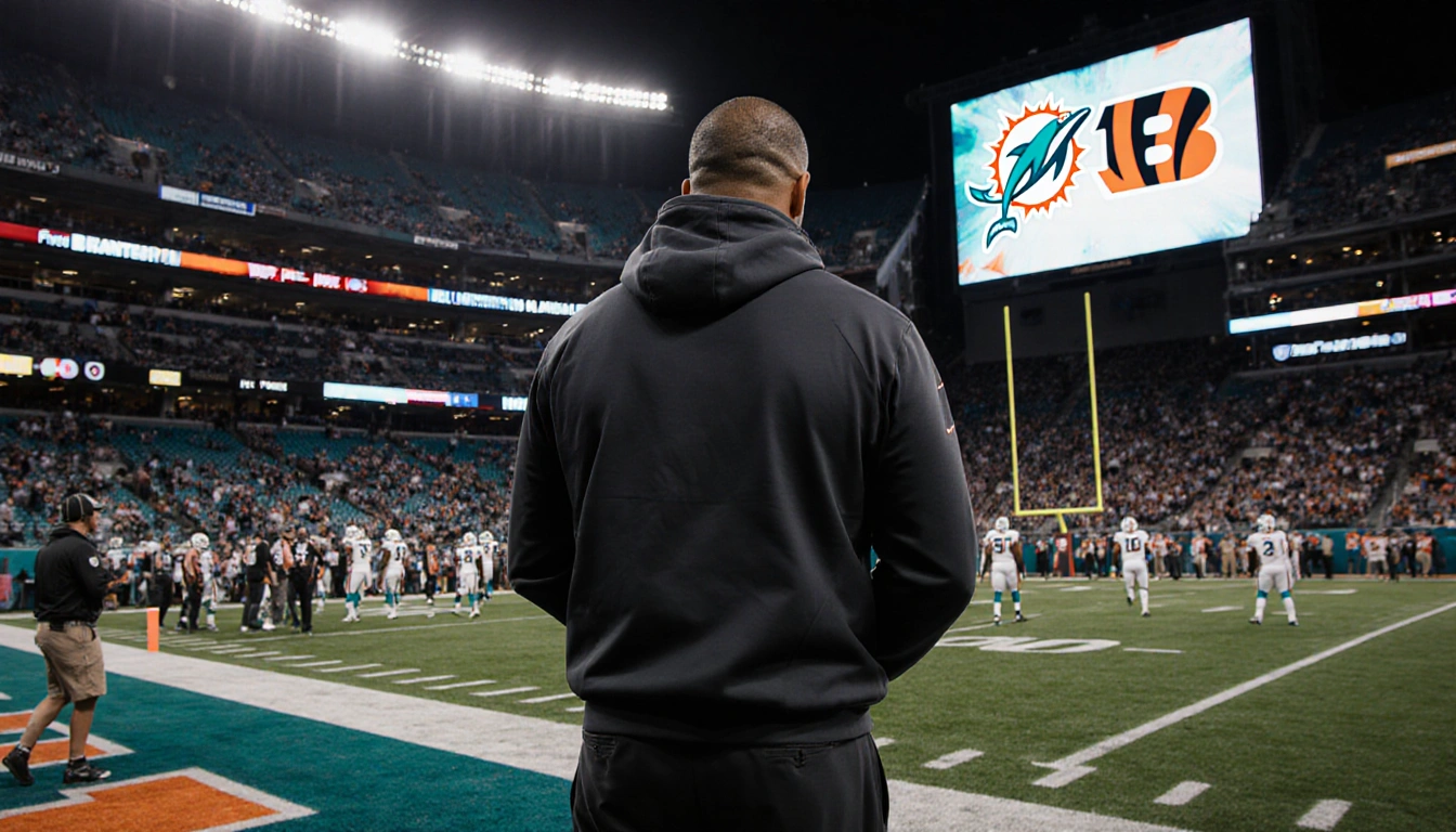 Mike McDaniel standing on Miami sidelines with empty seats and Bengals logo on TV screen