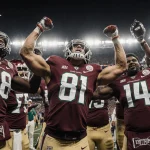 Miami defensive linemen raising arms in celebration with jerseys scattered around the field and stadium lights in background
