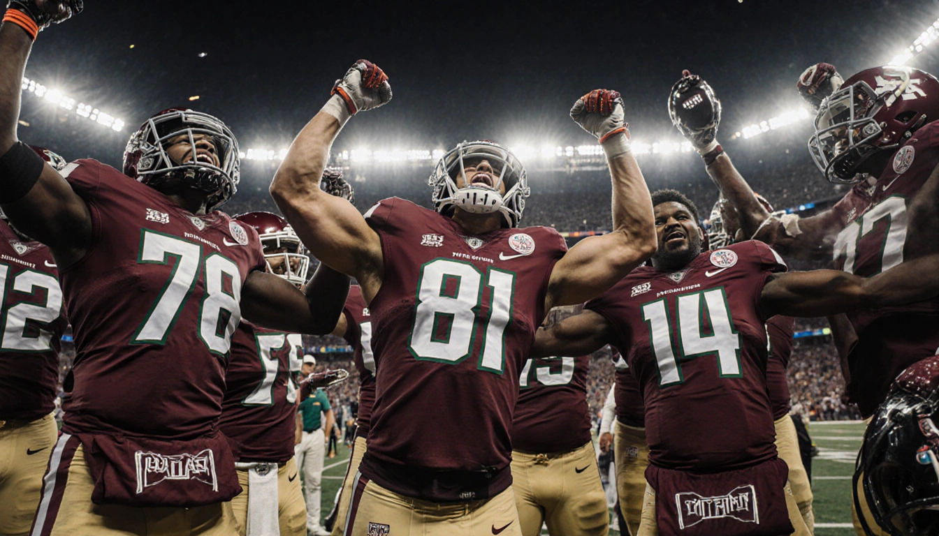 Miami defensive linemen raising arms in celebration with jerseys scattered around the field and stadium lights in background