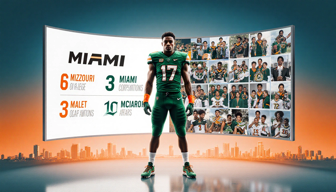Marcus Allen standing with Hurricanes gear split-screen shows college stats and high school photos in orange-blue gradient