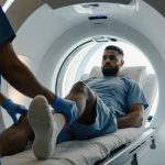 Micah Parsons lying on gurney with medical gloved hand on his injured left knee as MRI machine glows in background