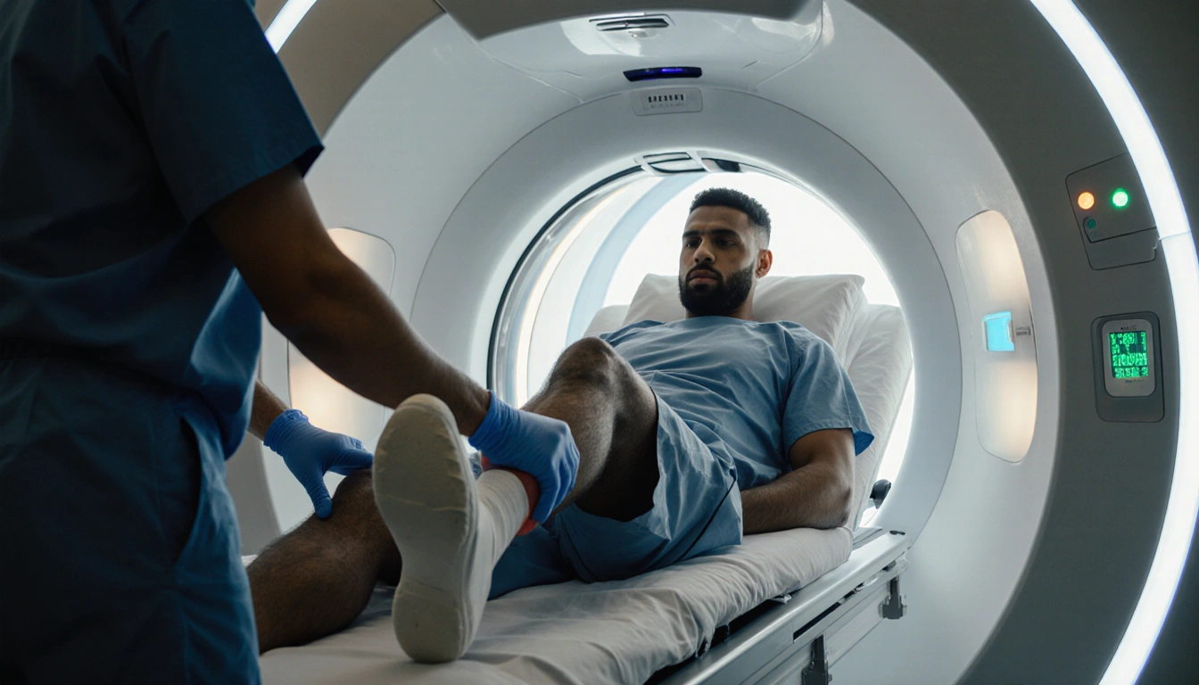 Micah Parsons lying on gurney with medical gloved hand on his injured left knee as MRI machine glows in background