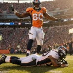 Micah Parsons lies on the field clutching his knee with ACL tear and Denver Broncos player celebrating medical team rushing.