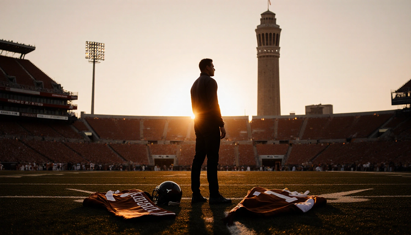 Michael Taaffe standing alone on the football field with gear and Longhorn scarves as the Tower of Texas looms in sunset.