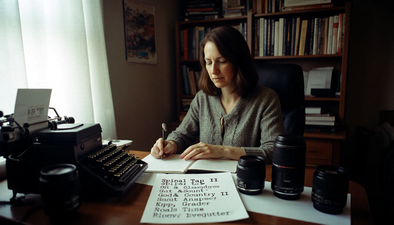 Michele Singer Reiner photographer typing on a typewriter with film credits on paper and camera equipment nearby.