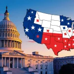 State capitol building glowing at sunset with golden dome and US map in foreground