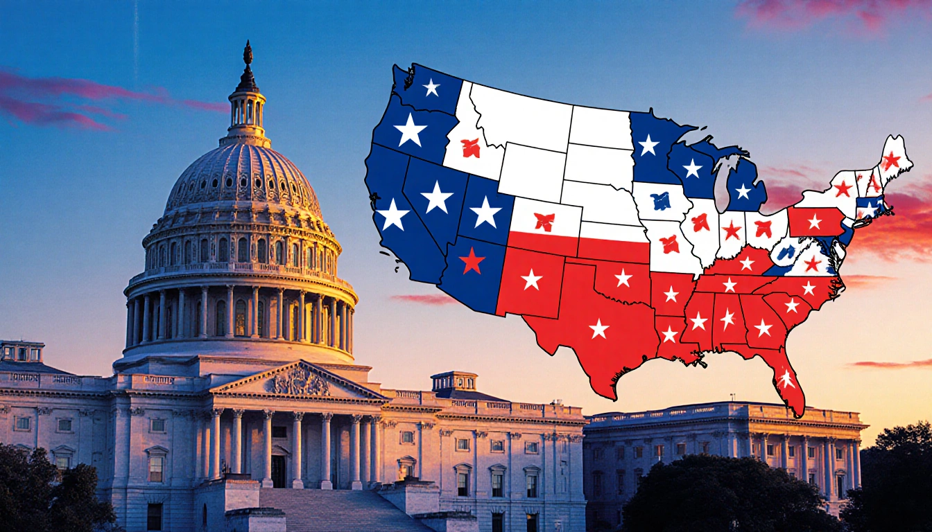 State capitol building glowing at sunset with golden dome and US map in foreground